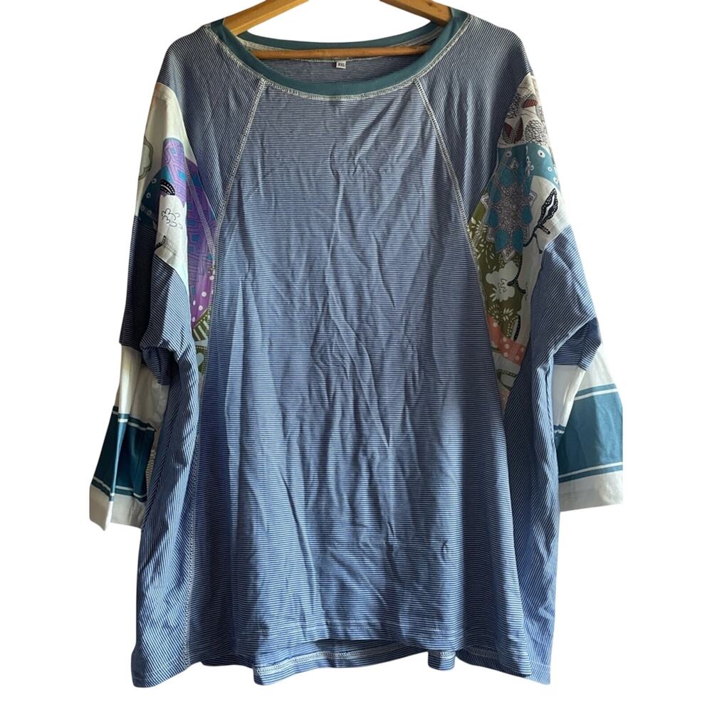 Raglan Boho Patchwork 3/4 Sleeve Blue Striped Oversized Top 2XL NWOT